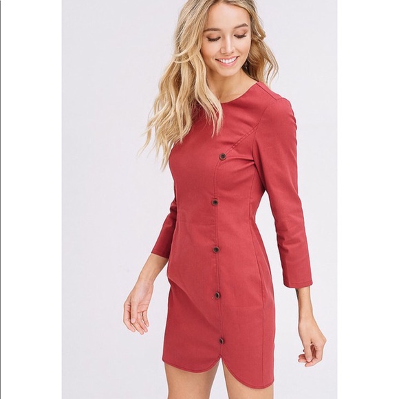 Wine Cotton Twill Mid Sleeve Dress - Picture 3 of 6